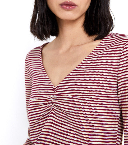Striped Top with Ruched Detail Wine