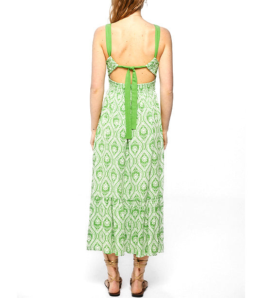 Printed Bow Back Midi Dress Green