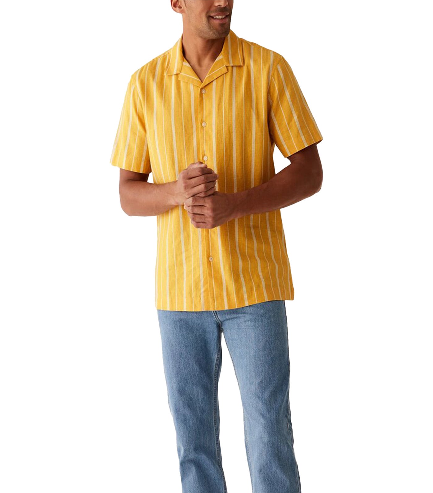 Linen Blend Striped Cuban Collar Shirt Yellow Mix