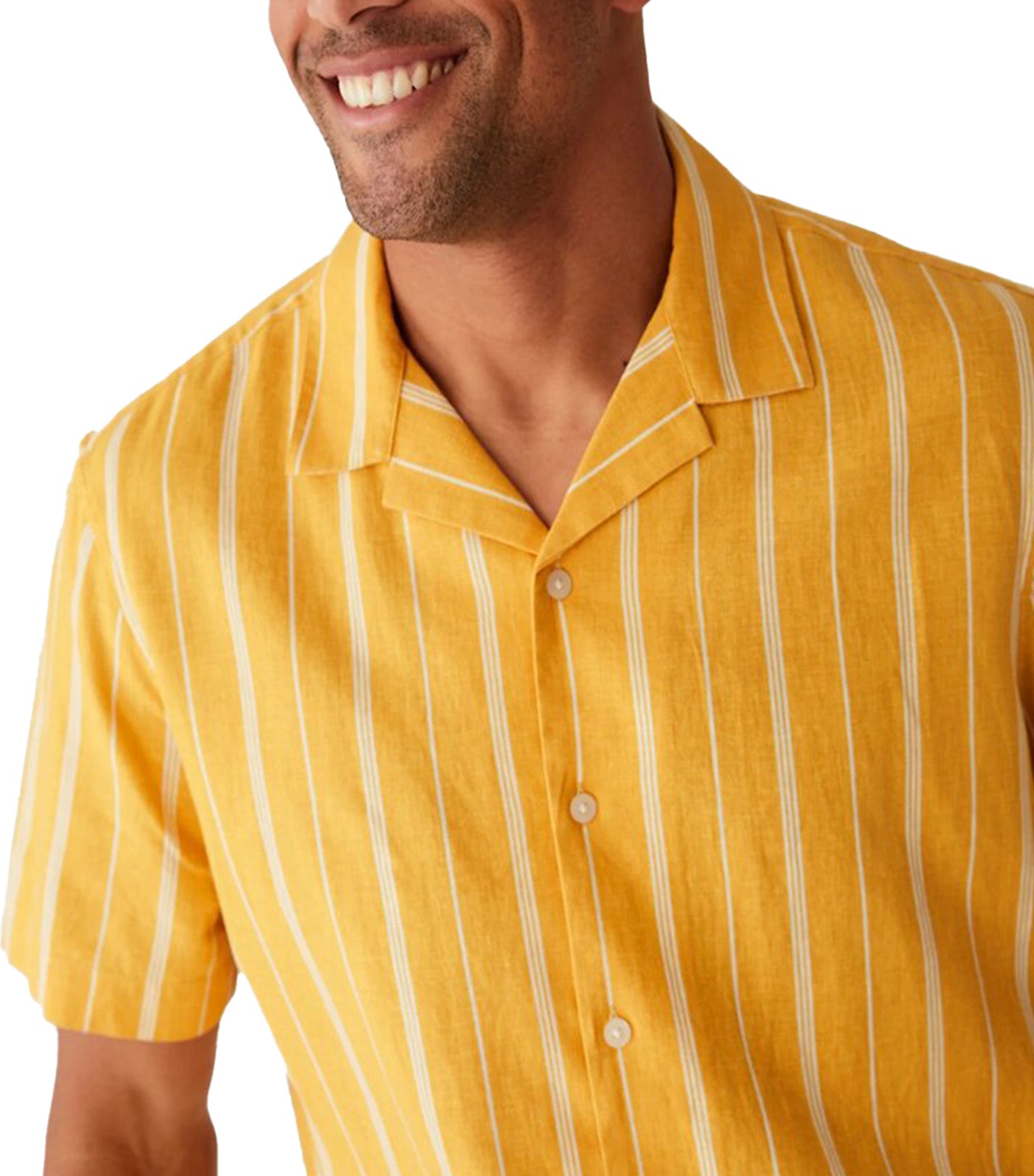 Linen Blend Striped Cuban Collar Shirt Yellow Mix