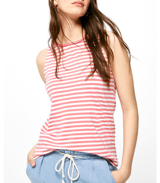 Striped T-Shirt with Braid Neckline Pink