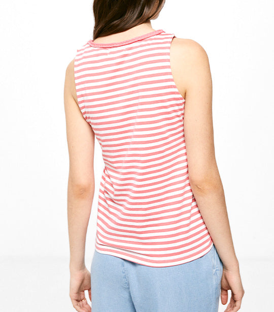 Striped T-Shirt with Braid Neckline Pink