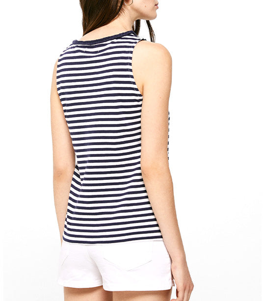Striped T-Shirt with Braid Neckline Black