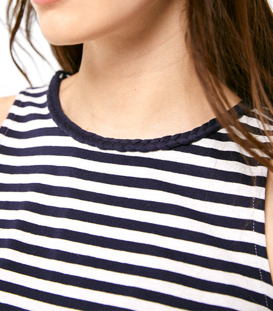 Striped T-Shirt with Braid Neckline Black