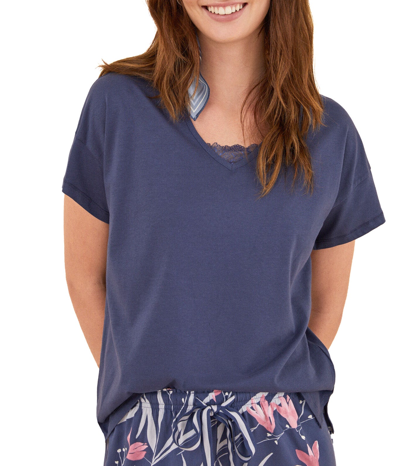 100% Cotton Navy Blue Lace Short Sleeve T-Shirt