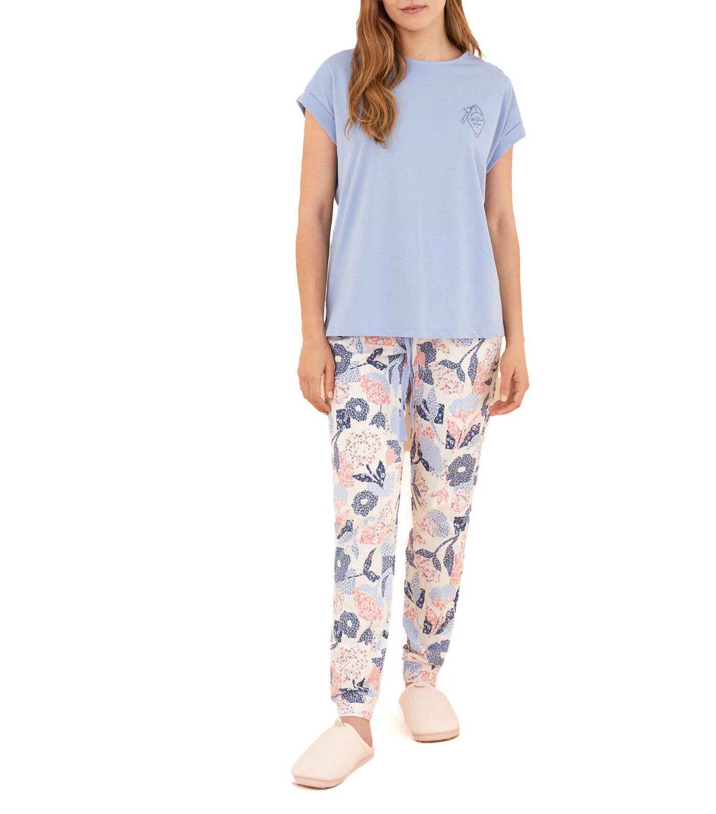 100% Cotton Patchwork Short-Sleeved Floral Pajamas Blue