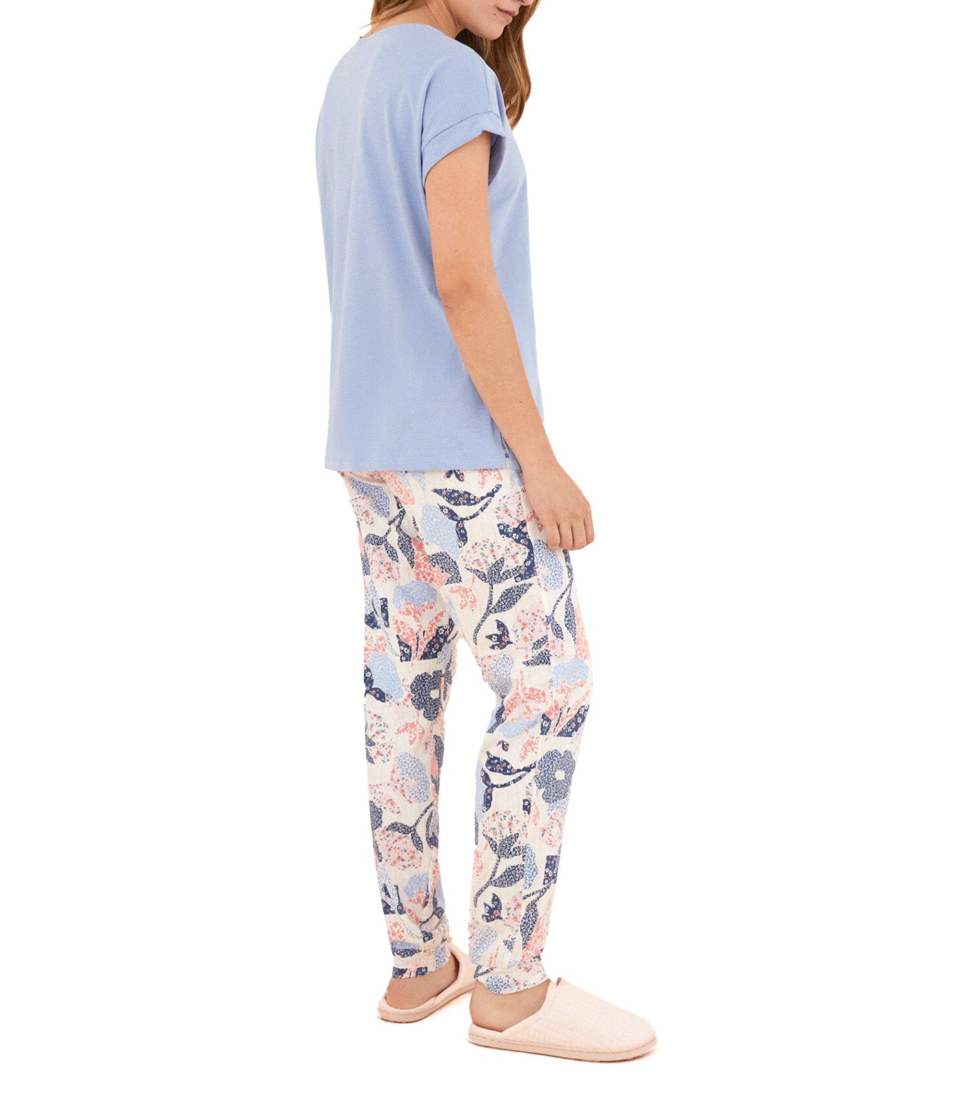 100% Cotton Patchwork Short-Sleeved Floral Pajamas Blue