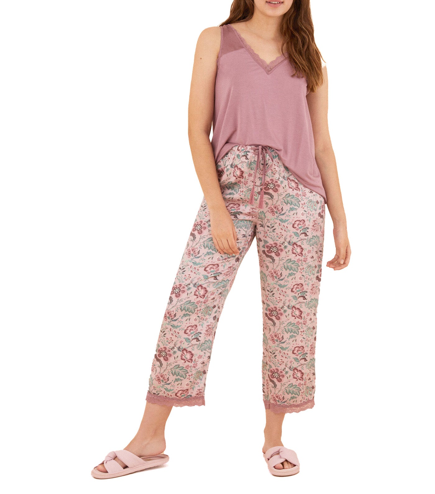 Pajamas With Straps Capri Pants Viscose Satin Flowers Pink