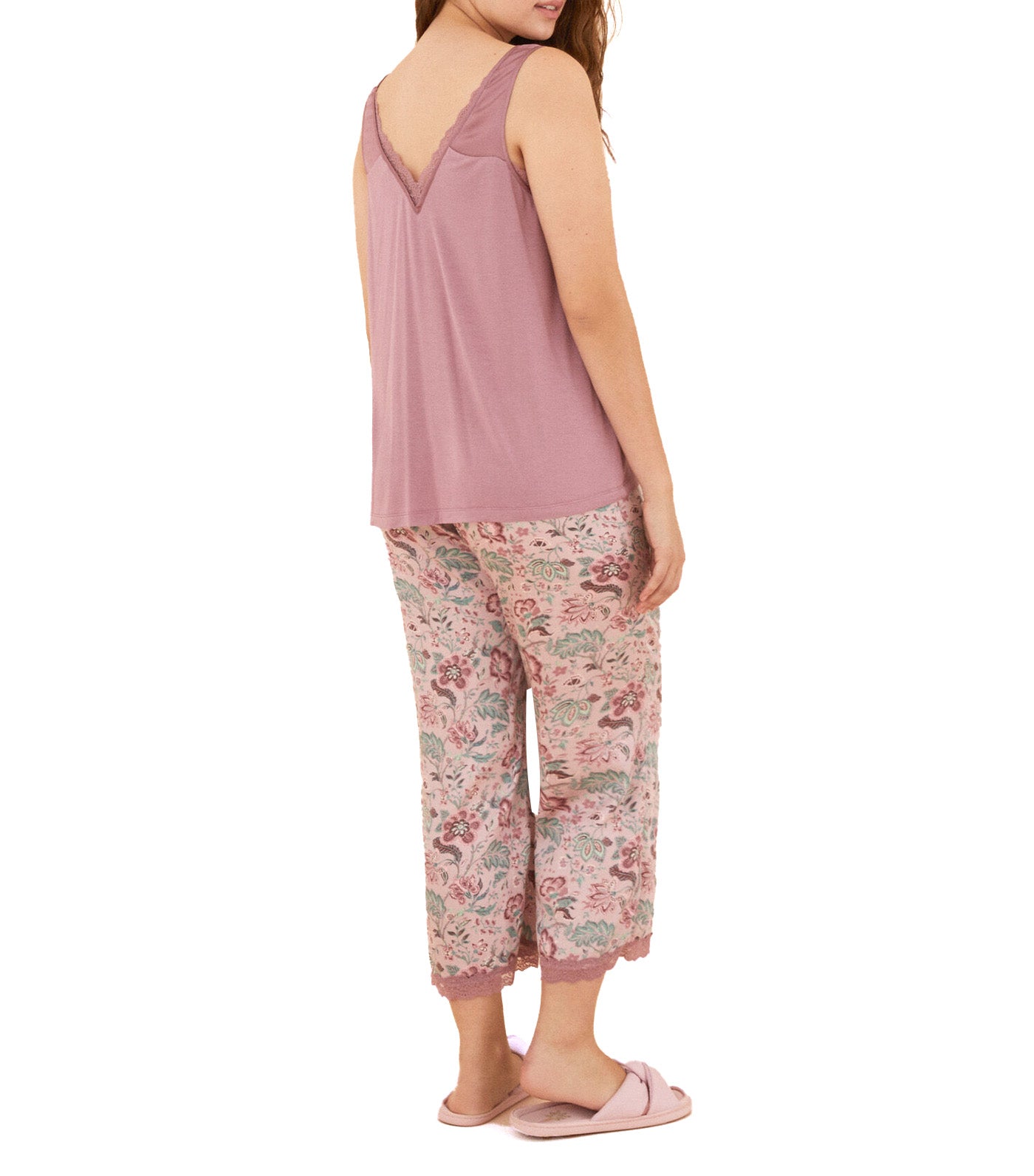 Pajamas With Straps Capri Pants Viscose Satin Flowers Pink