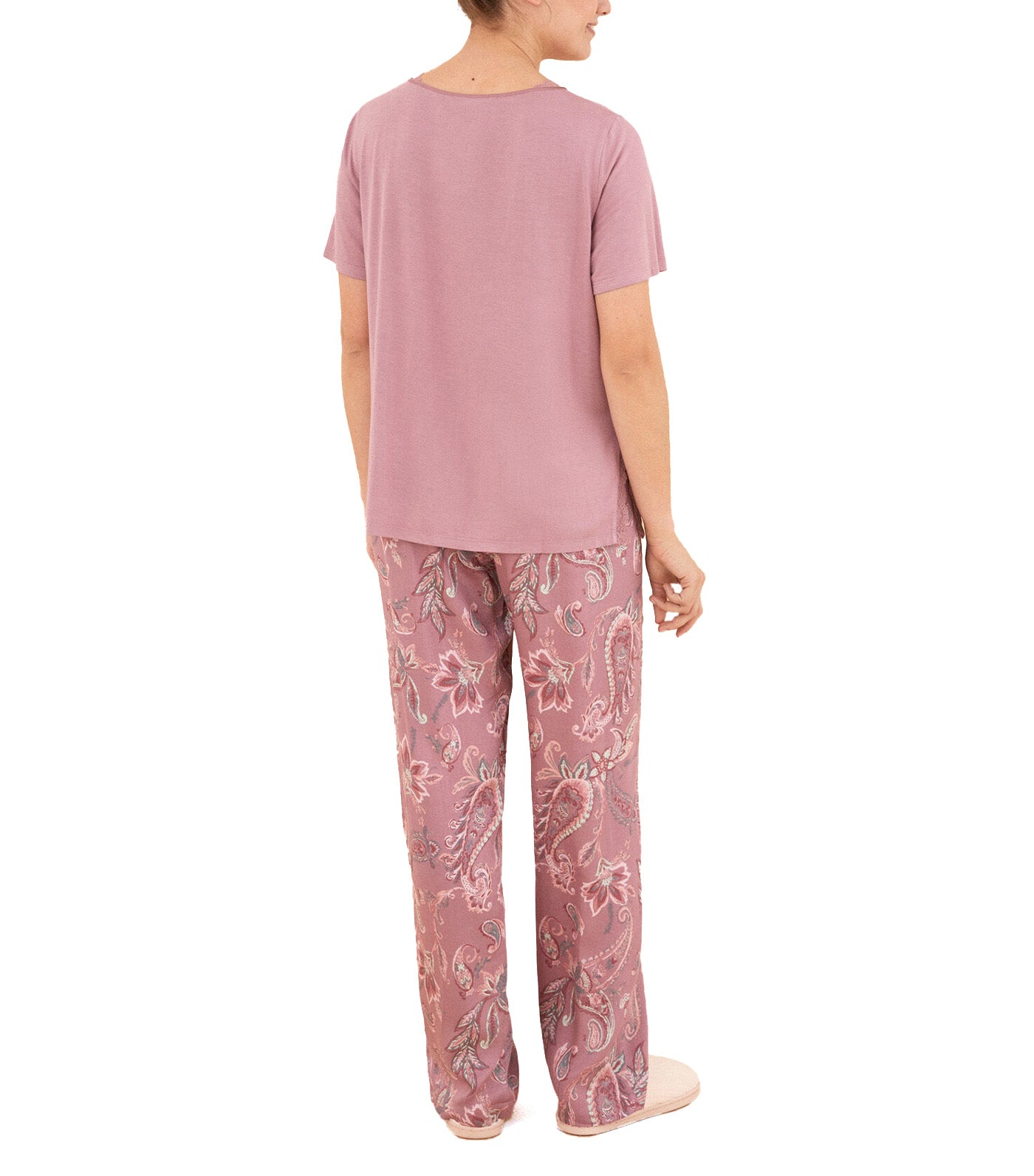 Pink Pajamas Short Sleeve Long Pants Flowers Viscose Satin