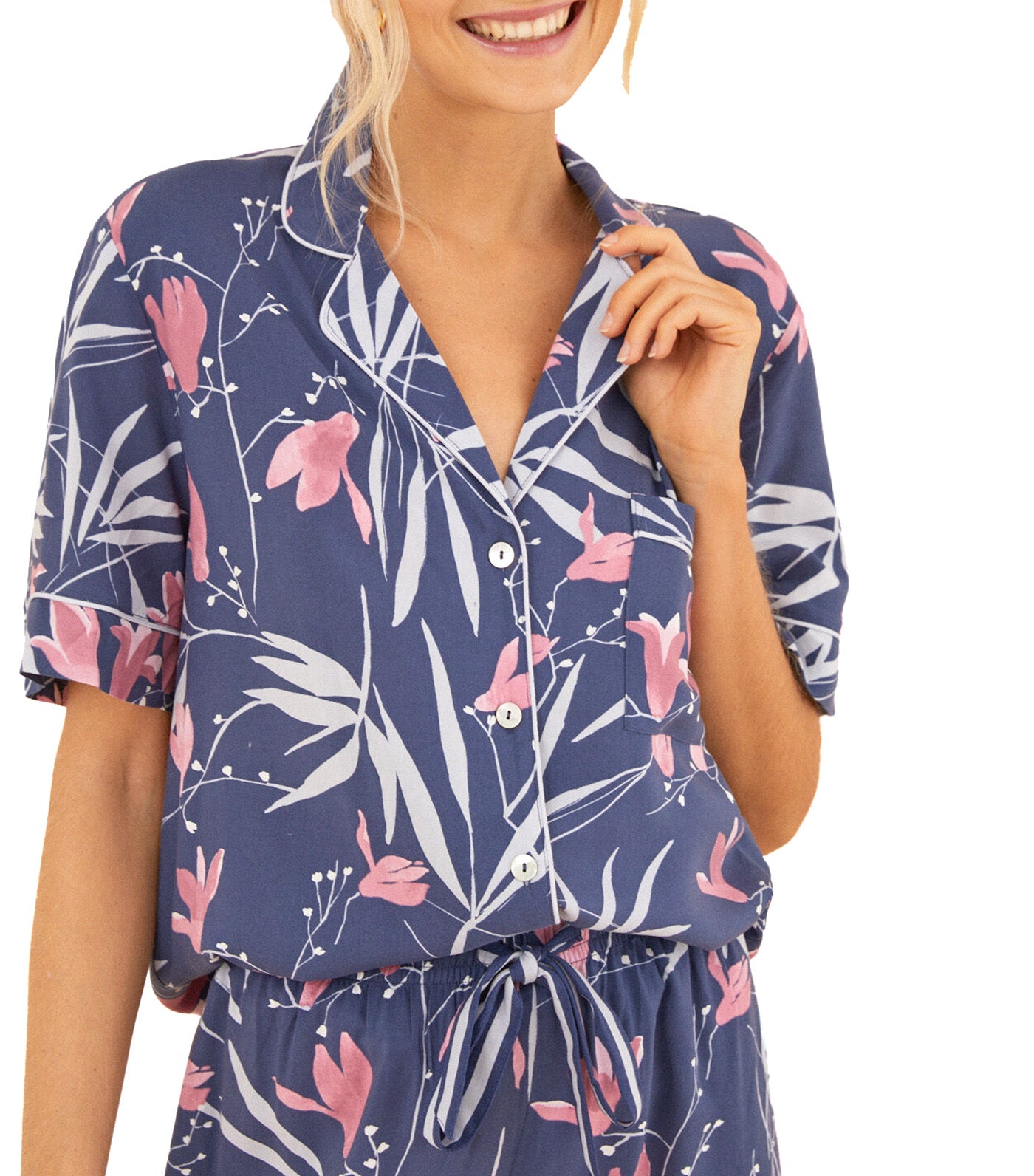 Moniquilla Flower Print Shirt Pajamas Blue