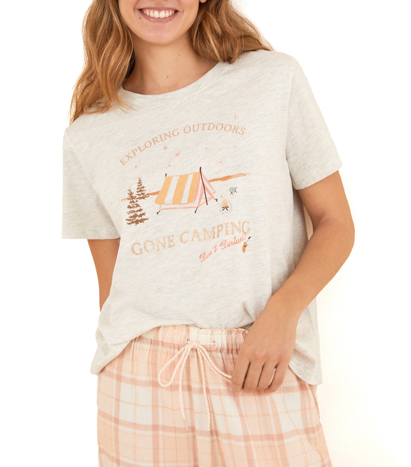 100% Cotton Short Sleeve Beige Camping T-Shirt