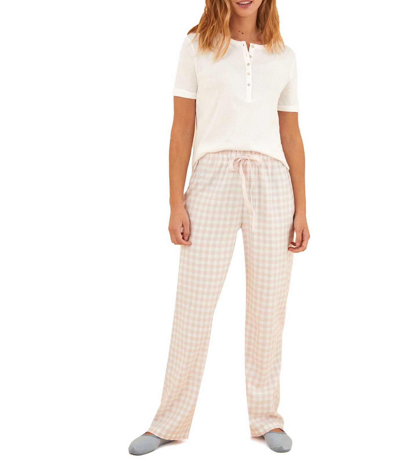 Long Checked Trousers White