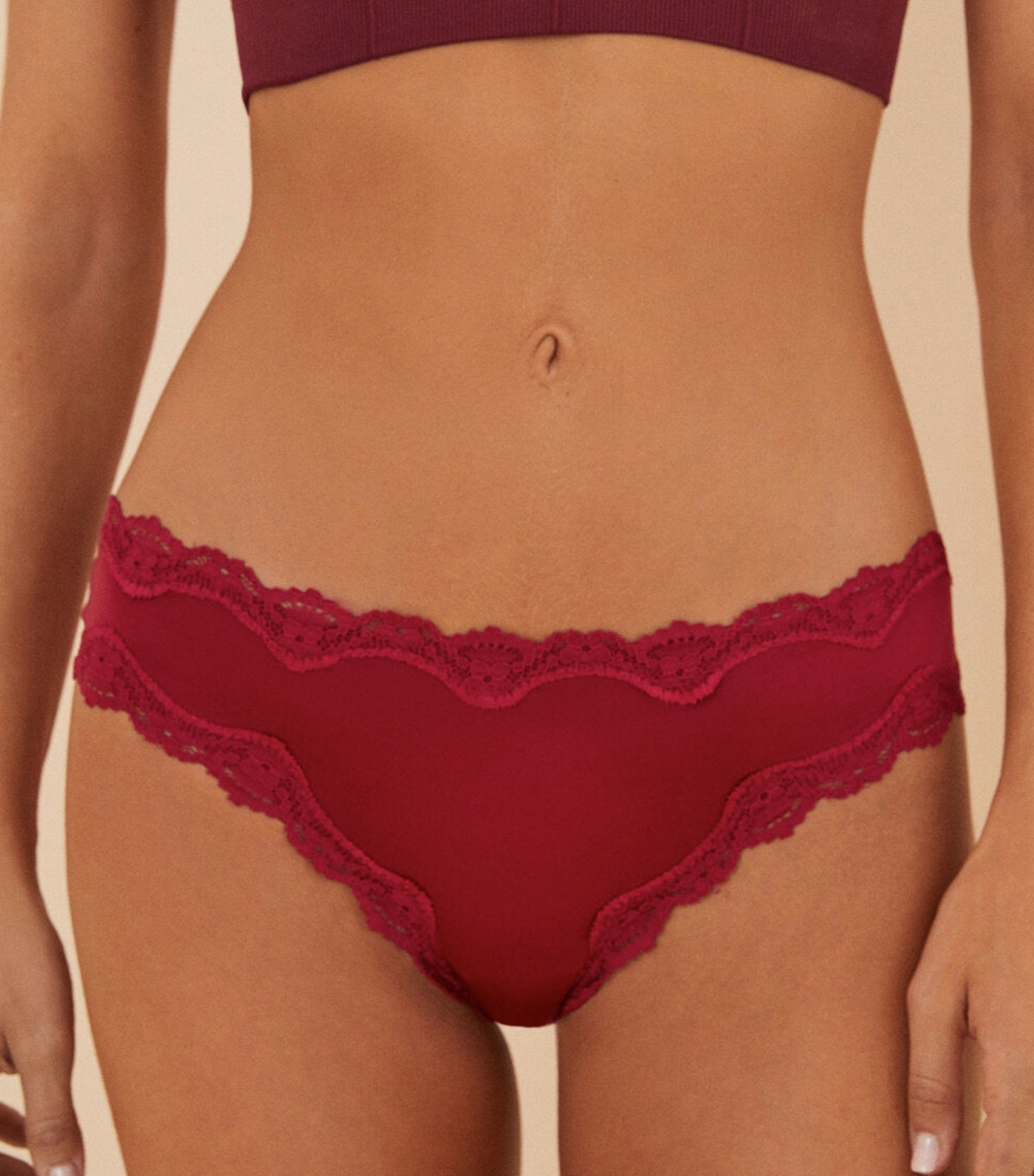 Maroon lace and microfibre Brazilian panty, Women's panties