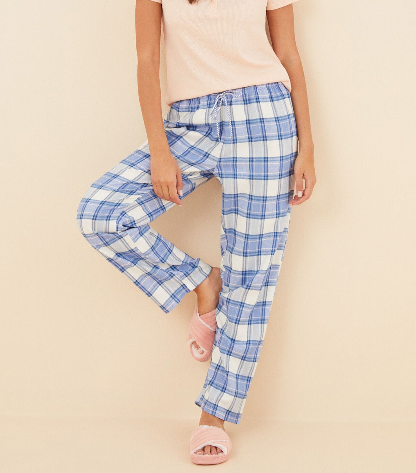 Long Checked Cotton Flannel Pajama Bottoms Blue