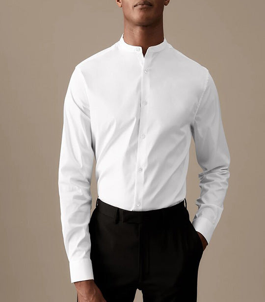 Slim Fit Cotton Stretch Grandad Collar Shirt White