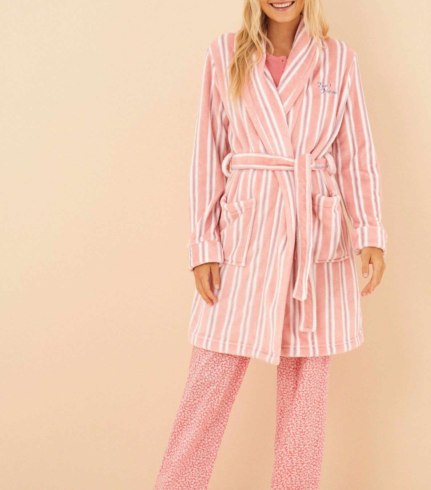 Striped Fleece Robe Pink