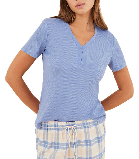 Short-Sleeved Waffle Fabric T-Shirt Blue