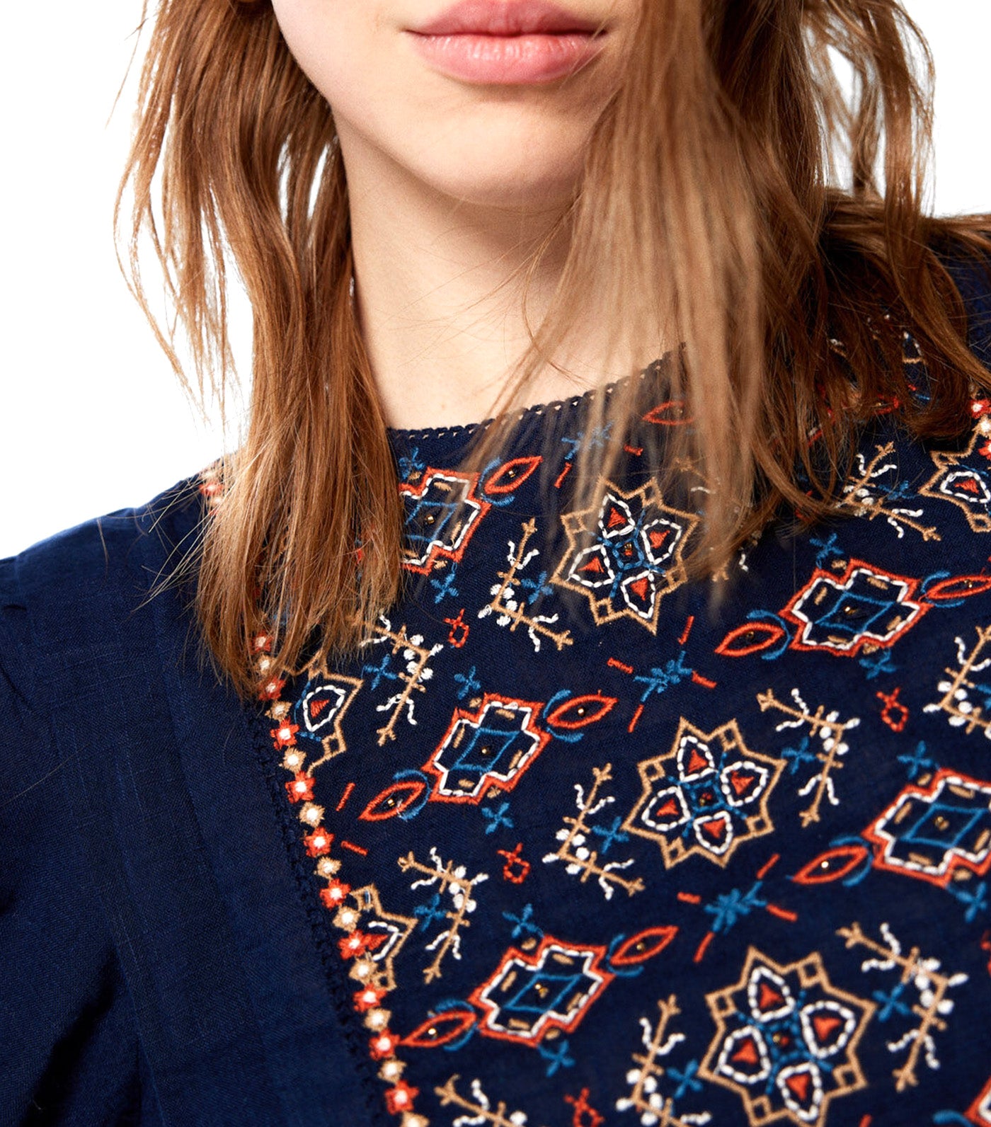 Embroidered Chest Blouse Blue