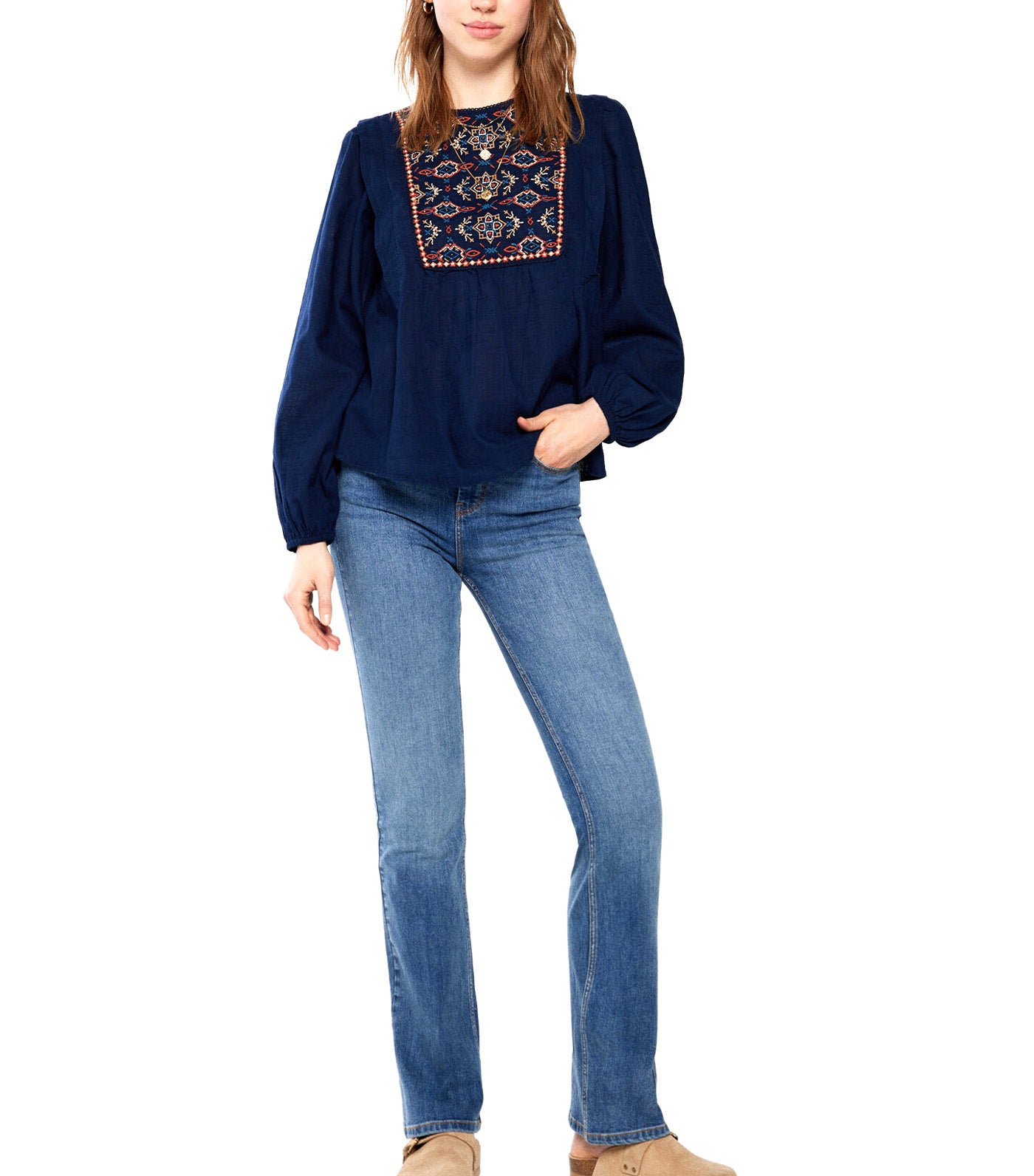 Embroidered Chest Blouse Blue