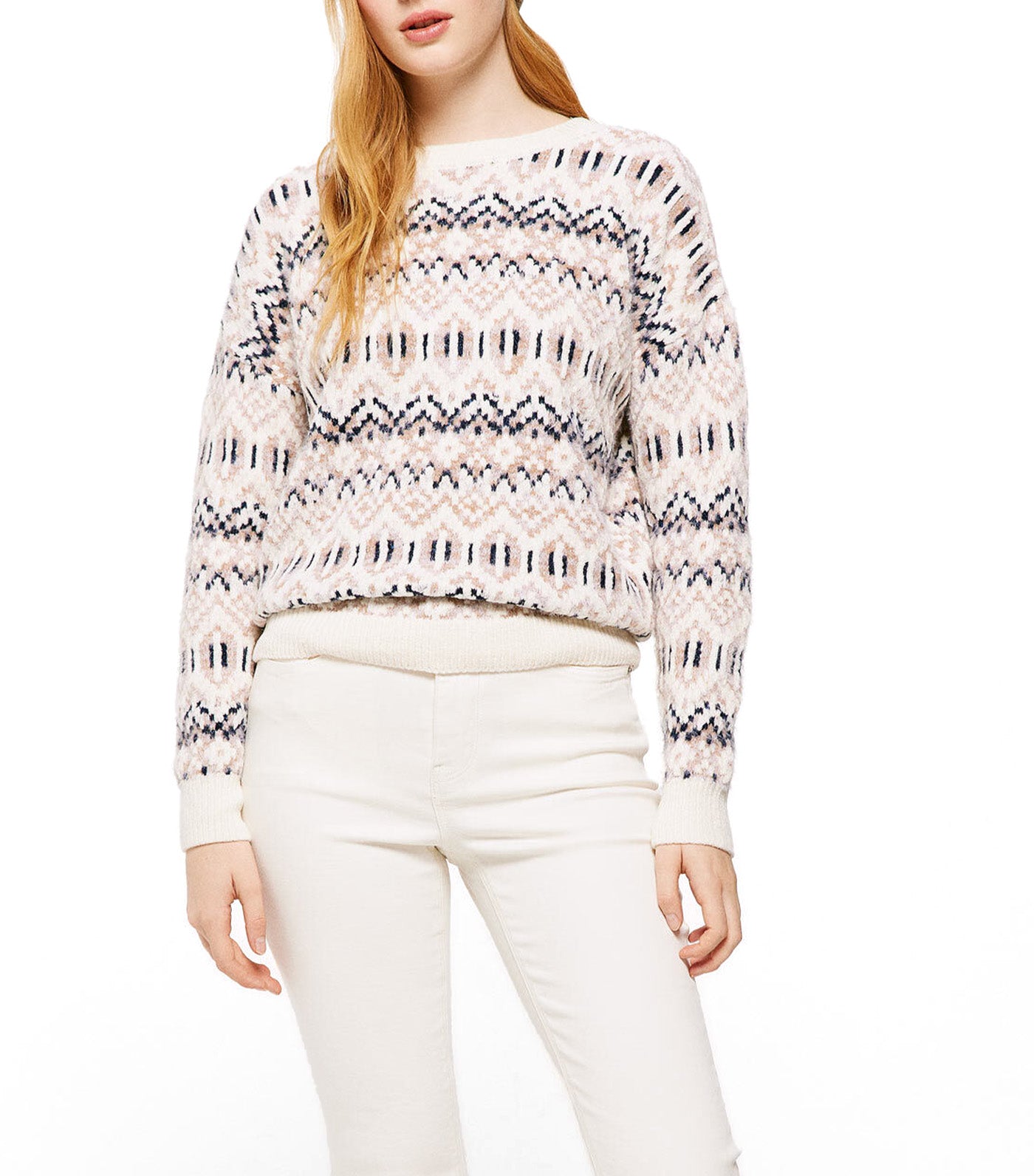 Chenille Jacquard Sweater With Borders Beige