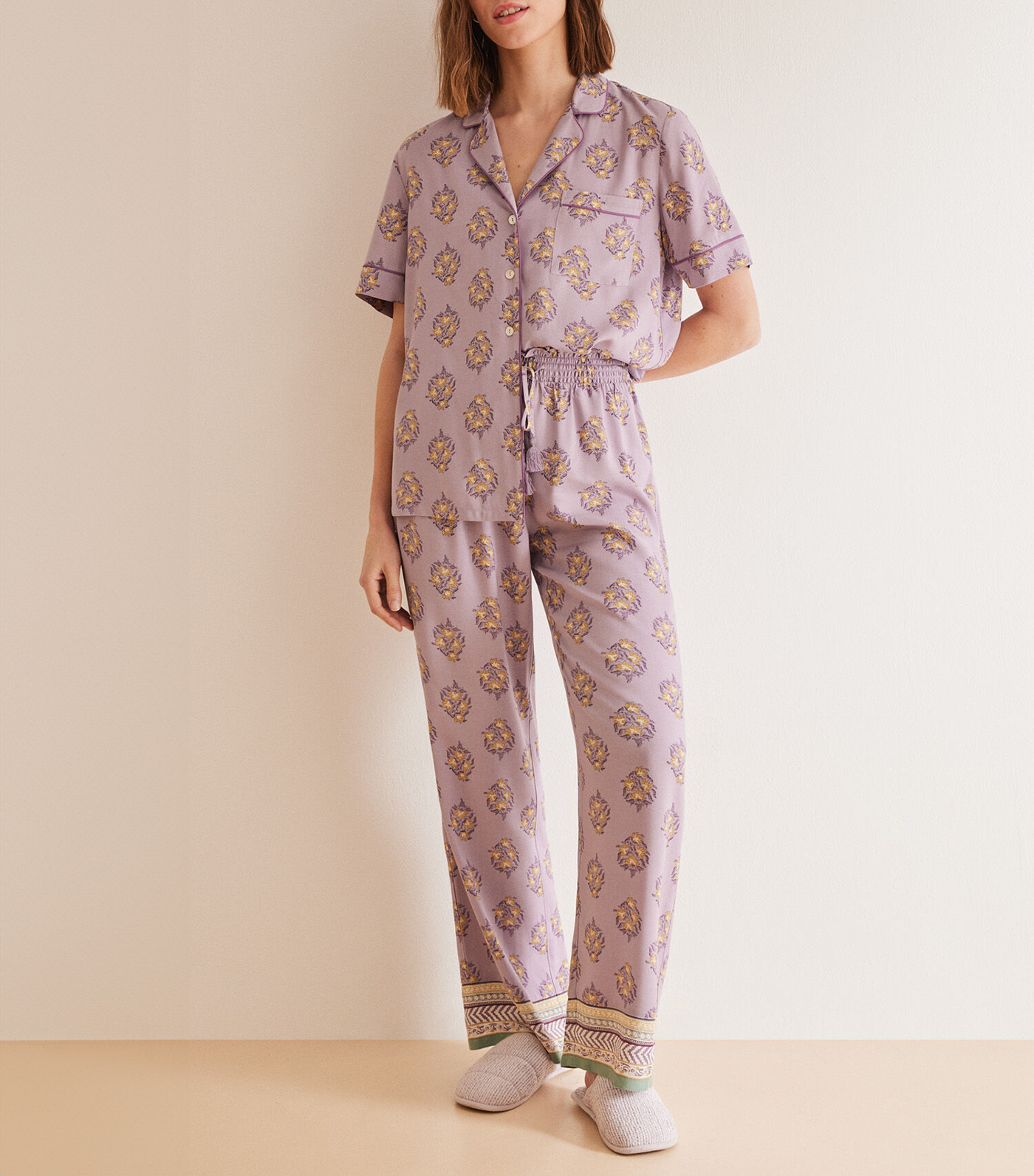 Short Sleeve Pajama Set With Pants Purple Flower Short Sleeve