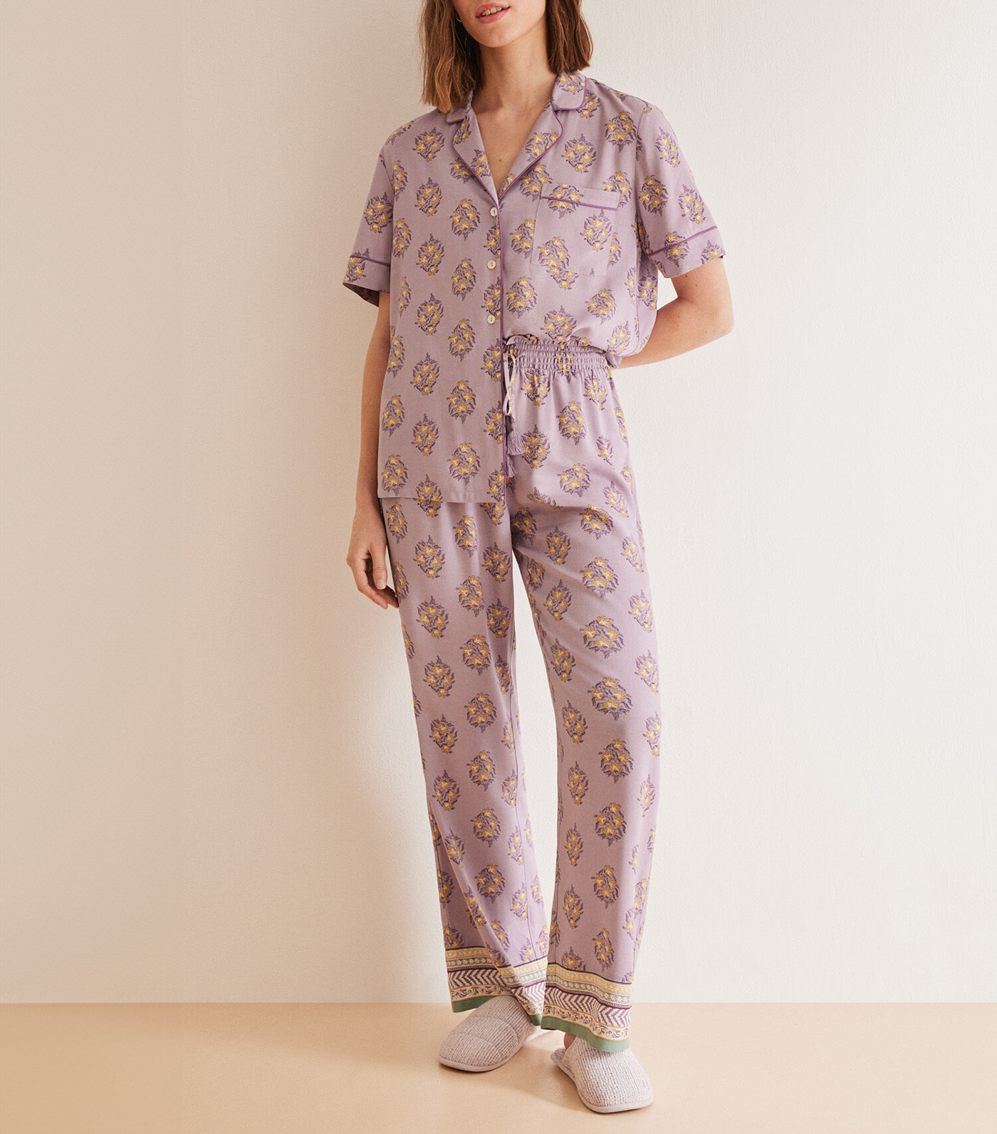 Purple Flower Short Sleeve Shirt Pajama Set