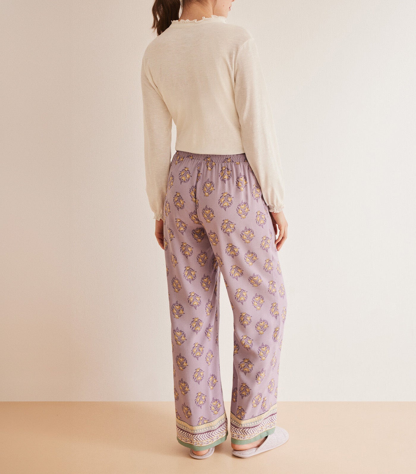 Long Floral Viscose Pajama Pants Purple