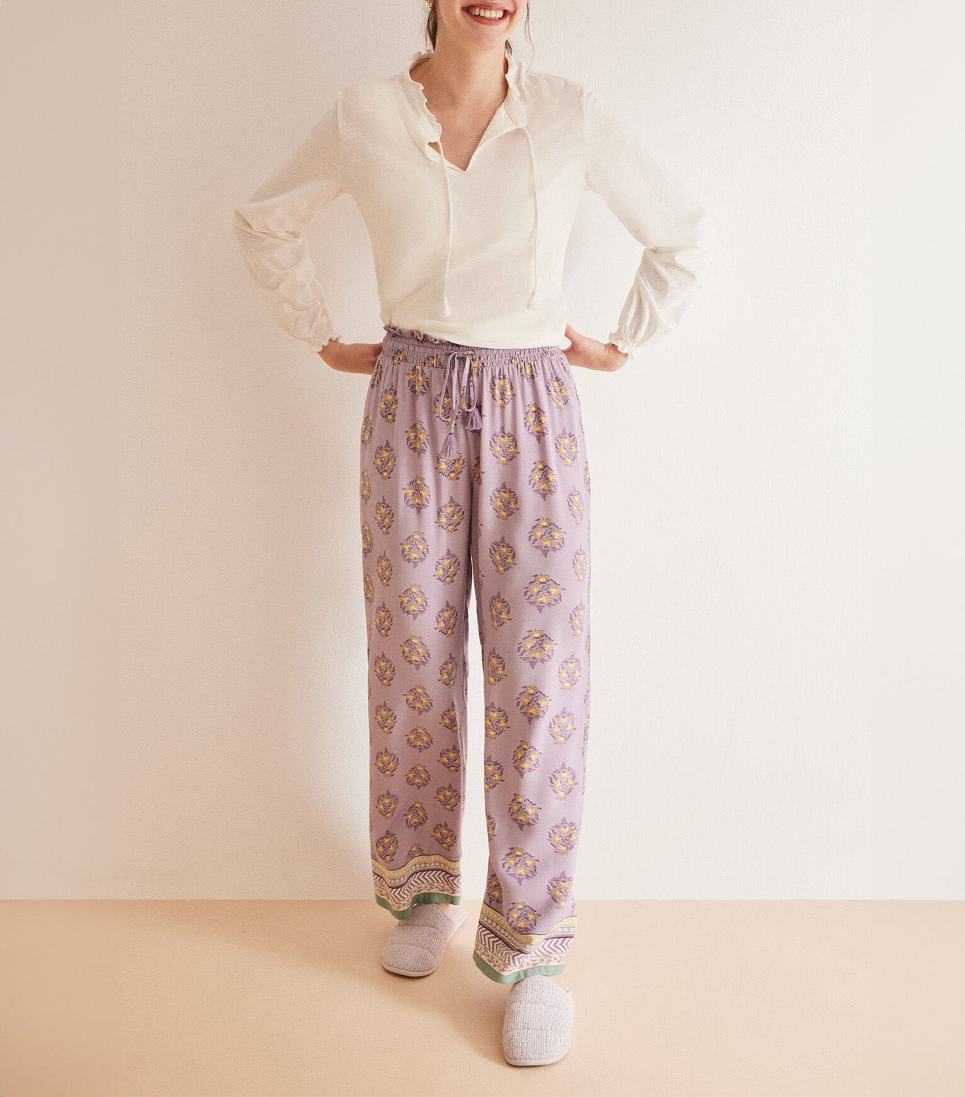 Long Floral Viscose Pajama Pants Purple