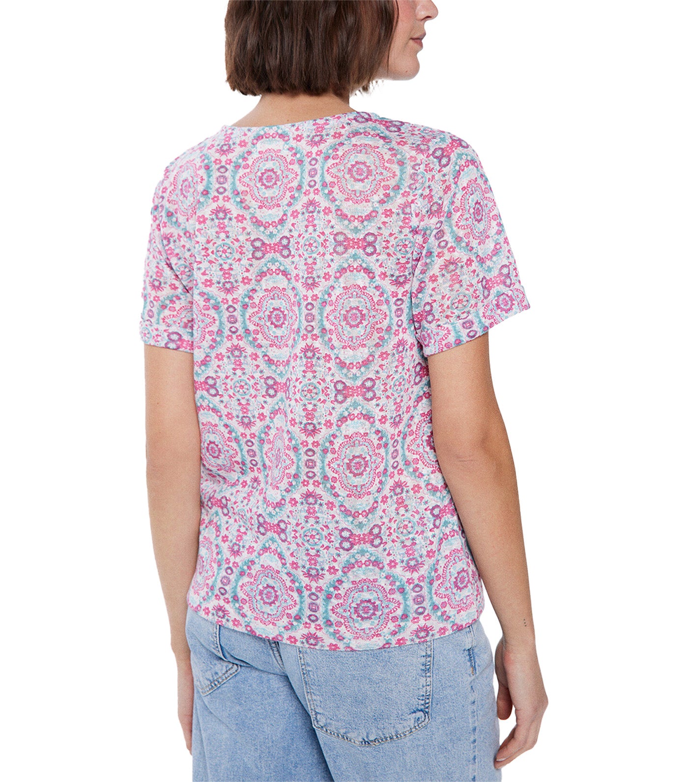 Printed Linen Effect T-shirt Pink