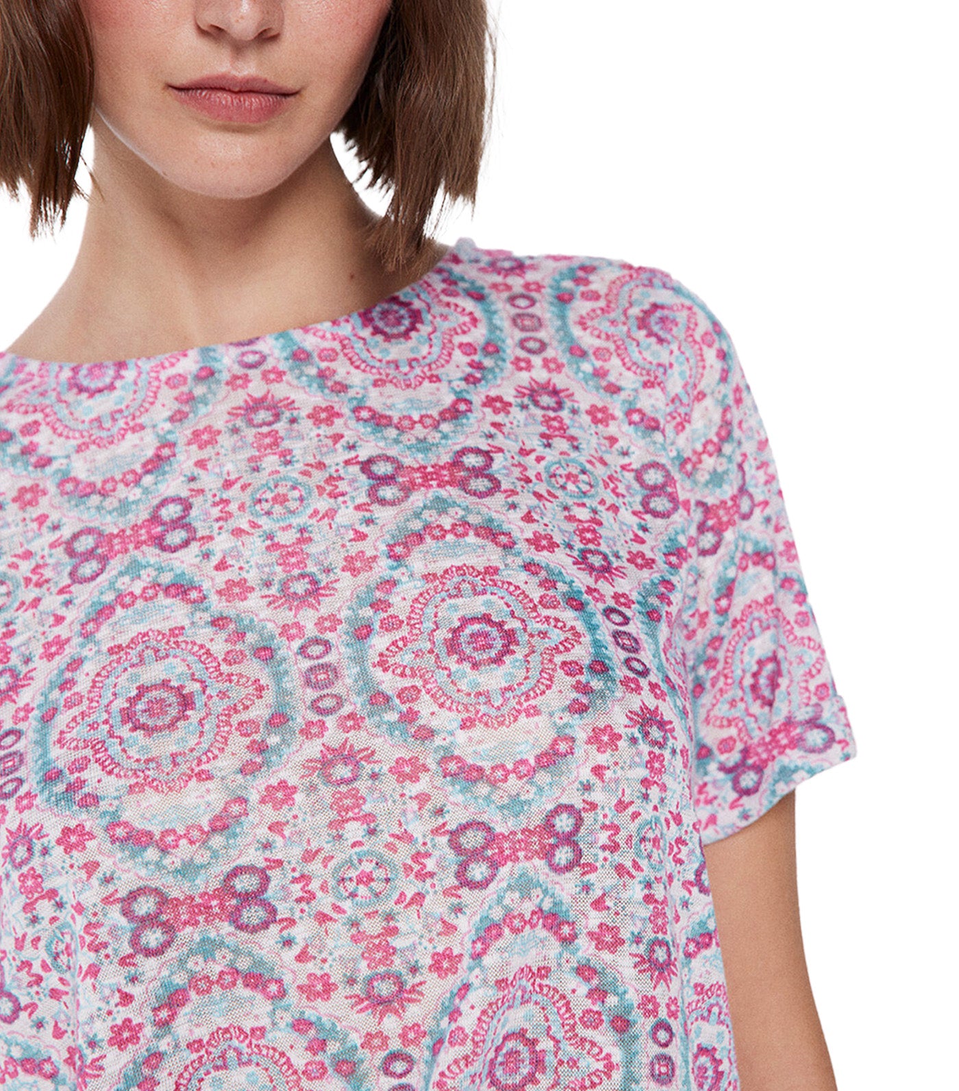 Printed Linen Effect T-shirt Pink