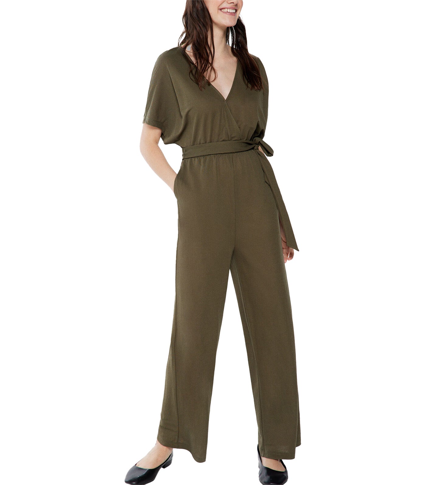Long Jumpsuit with Crossover Neckline Green