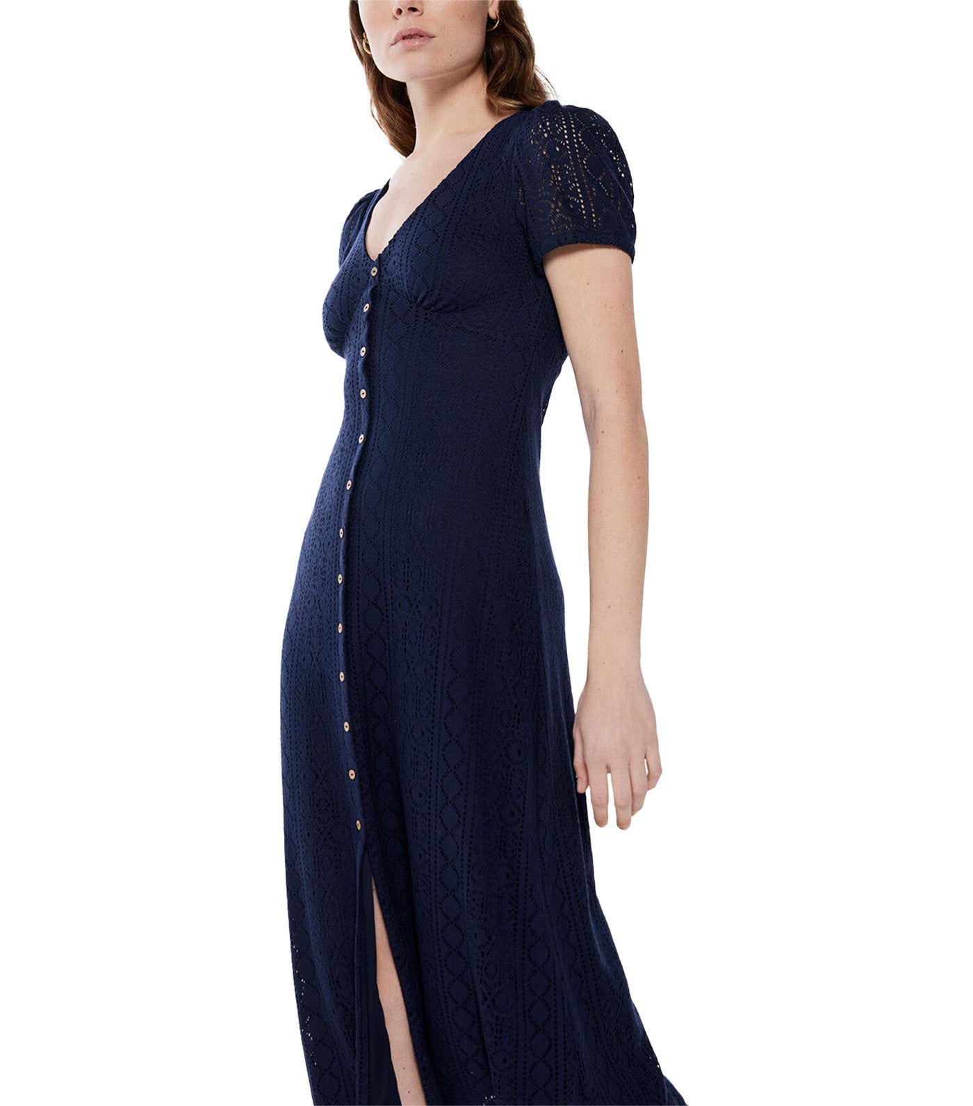 Crochet Midi Dress with Buttons Navy