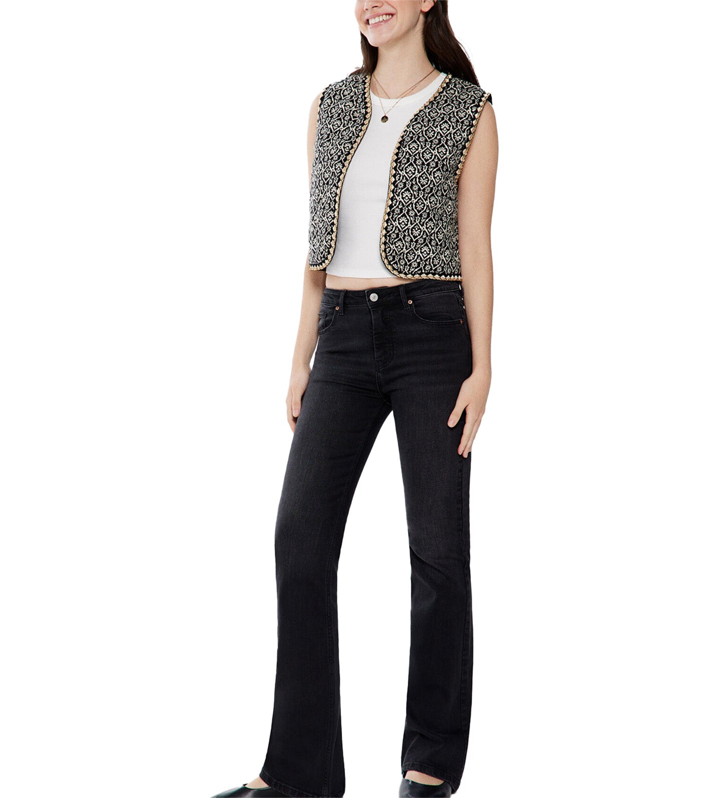 Embroidered Quilted Vest Black