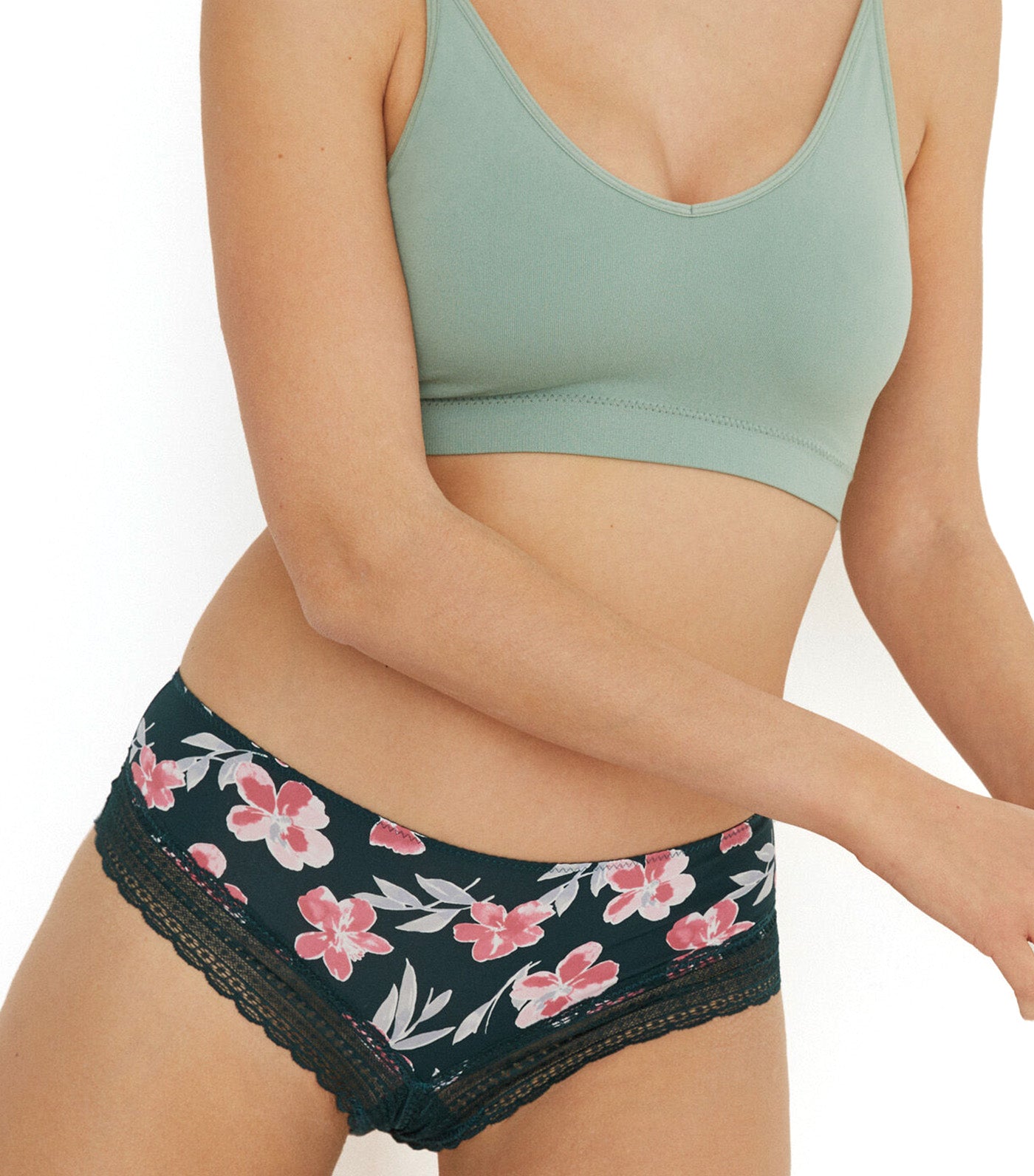 Floral Microfiber and Lace Brazilian Panty Green