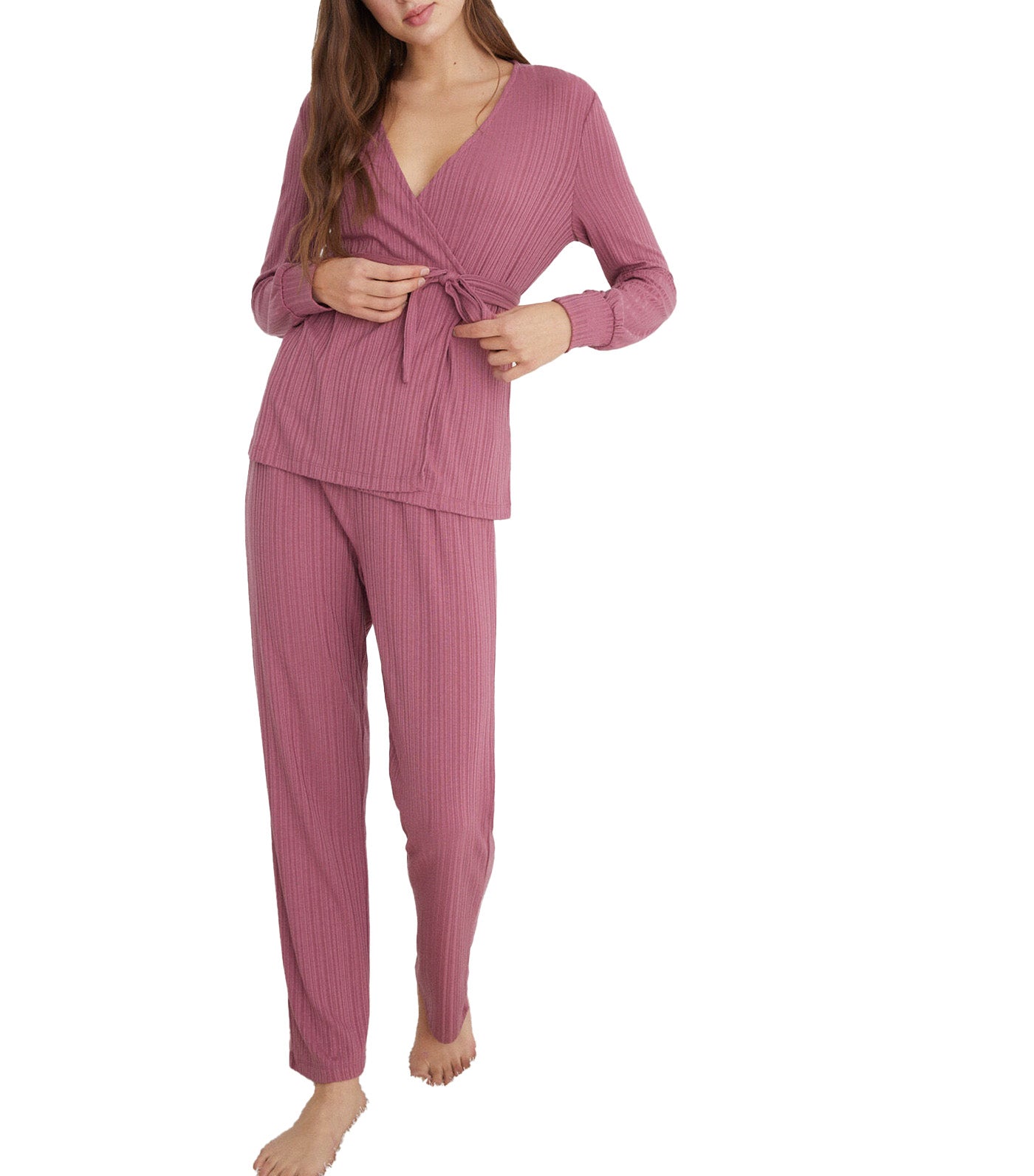 Long Ribbed Pajamas Set Pink