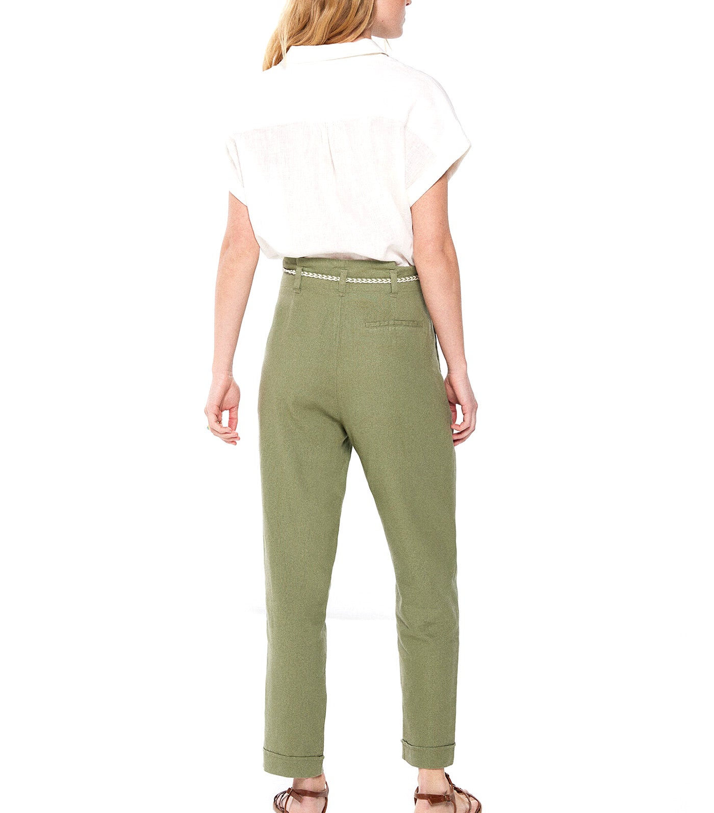 Linen Trousers with Cord Belt Green