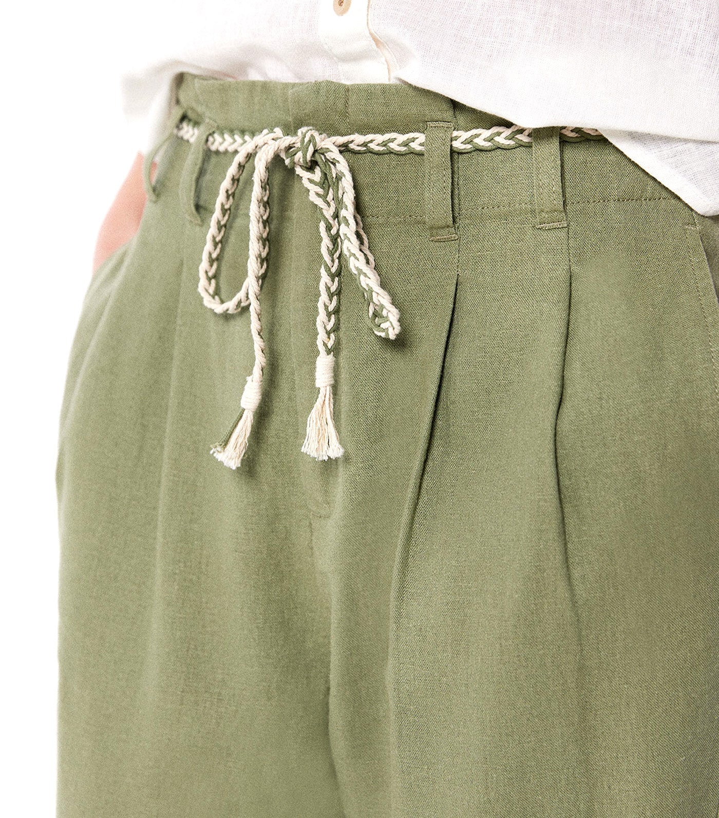 Linen Trousers with Cord Belt Green