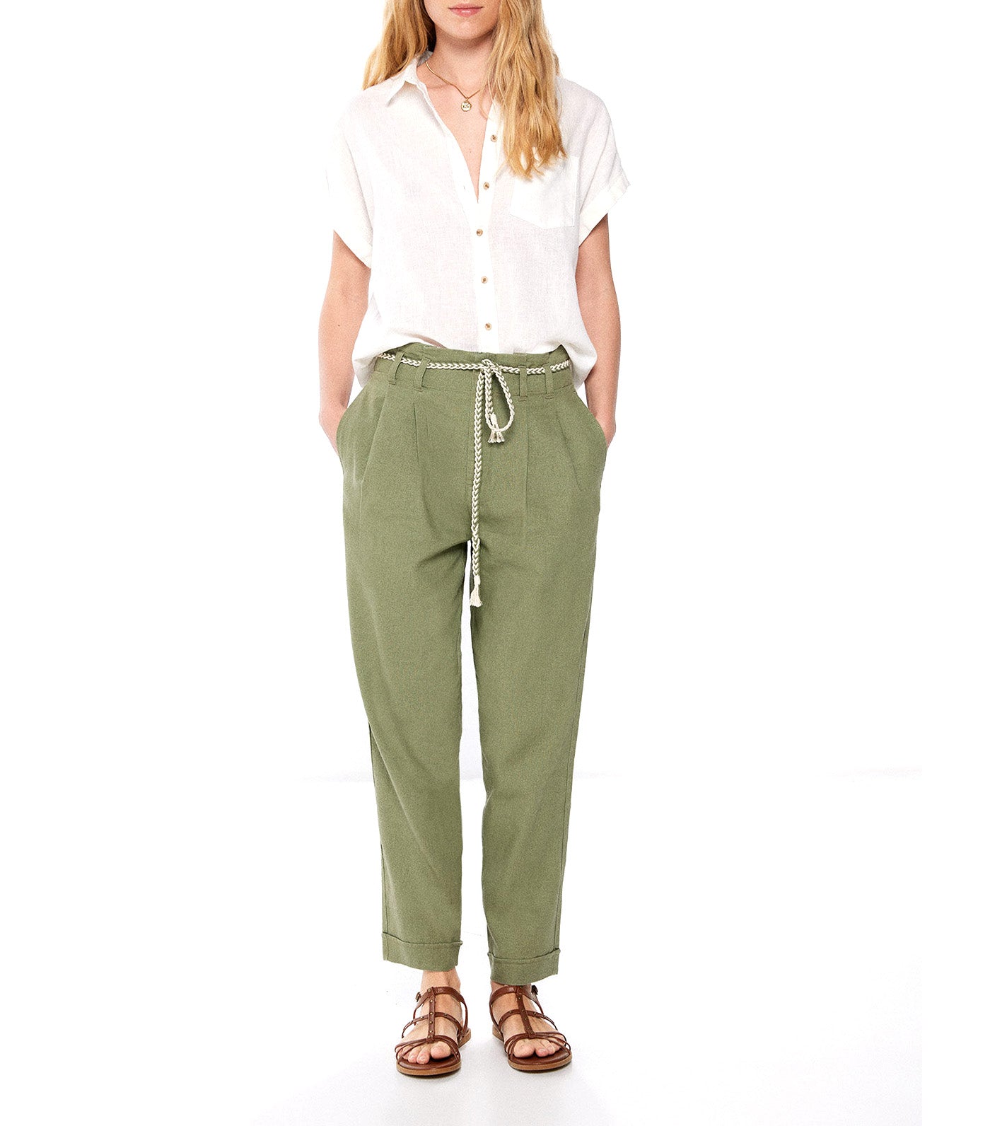 Linen Trousers with Cord Belt Green