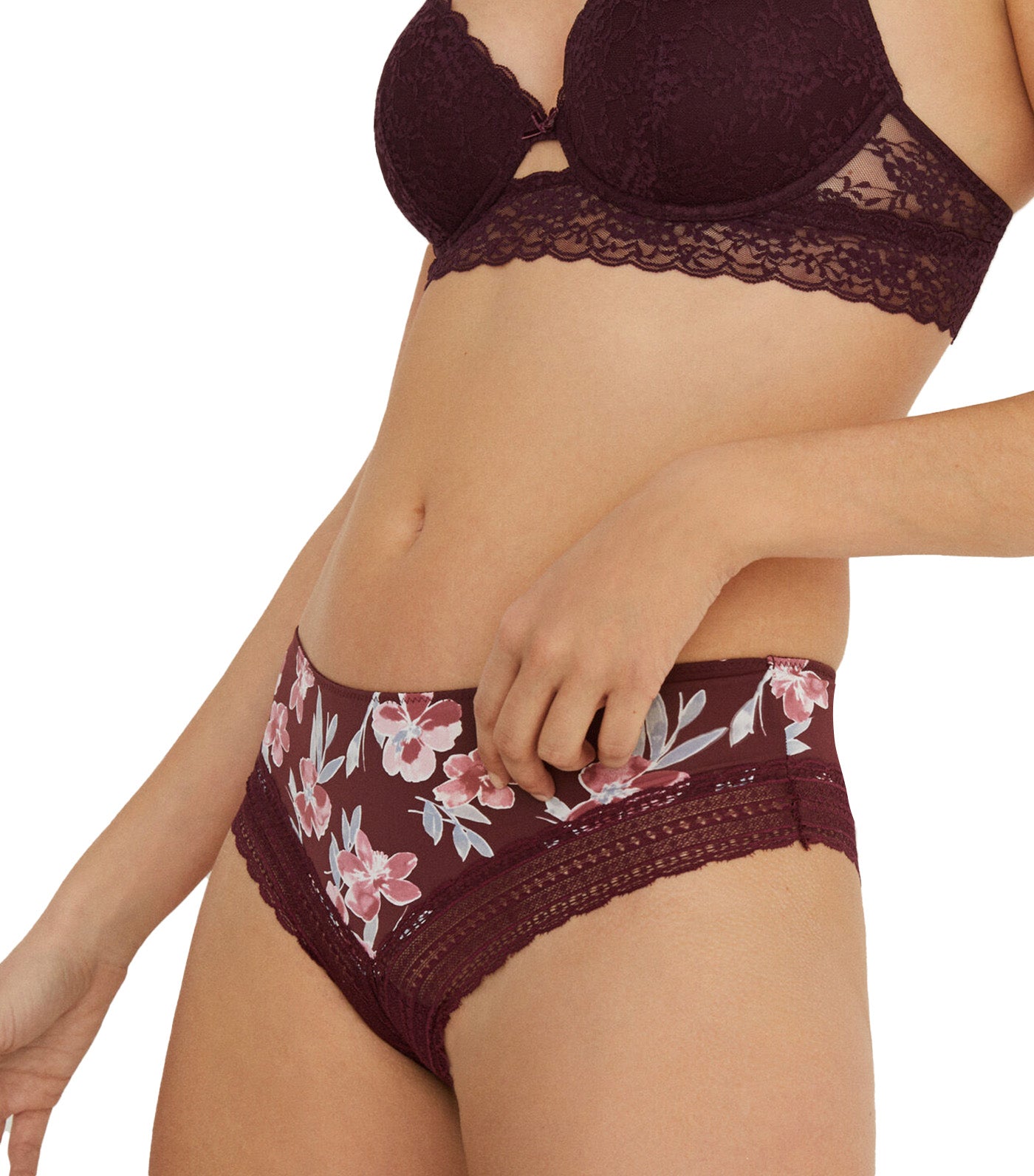 Floral Microfiber and Lace Brazilian Panty Maroon