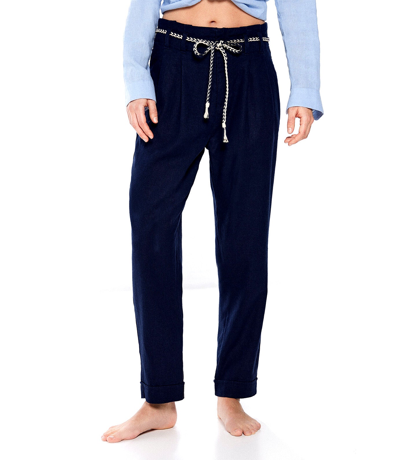 Linen Trousers with Cord Belt Navy