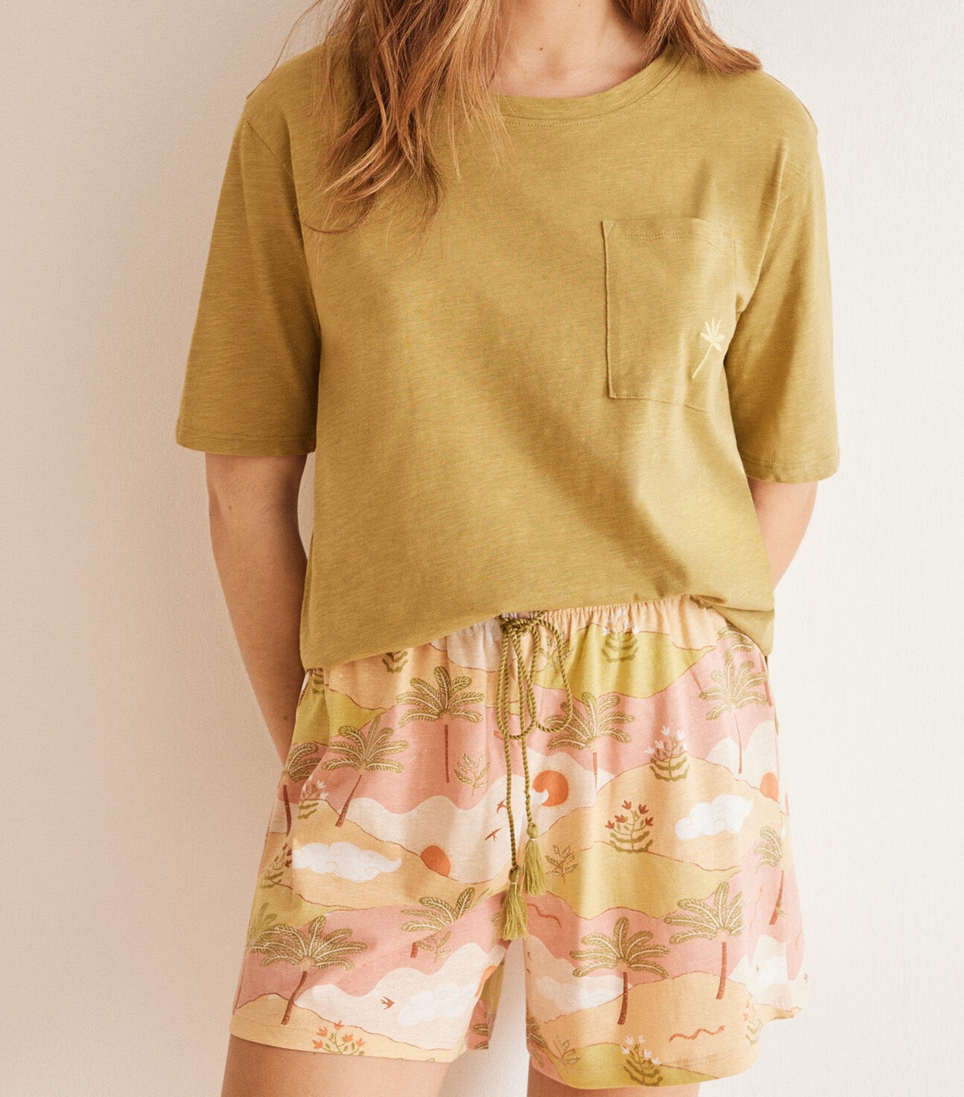 Cotton Pajamas Shorts Landscape Green