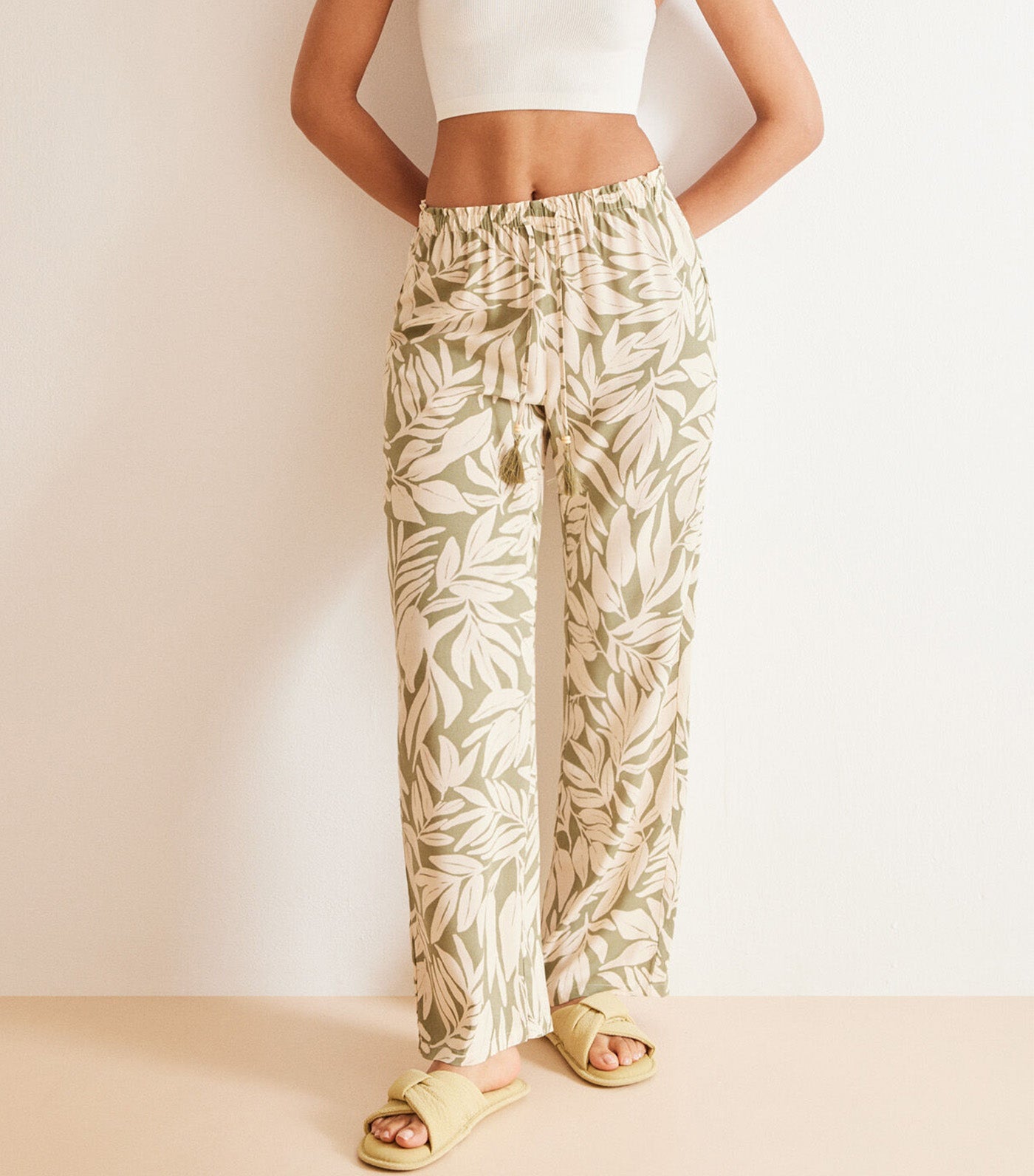 Viscose Trousers with Leaf Print Green