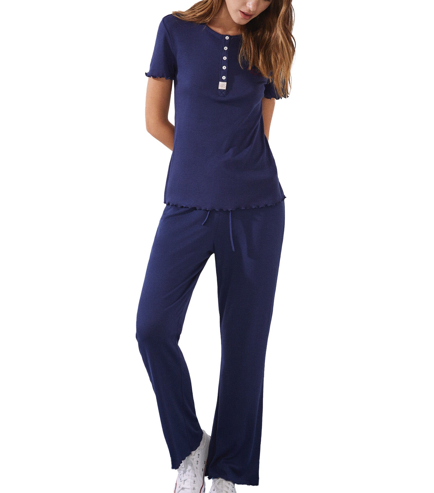 Long Ribbed Pajamas with Short Sleeves Set Blue