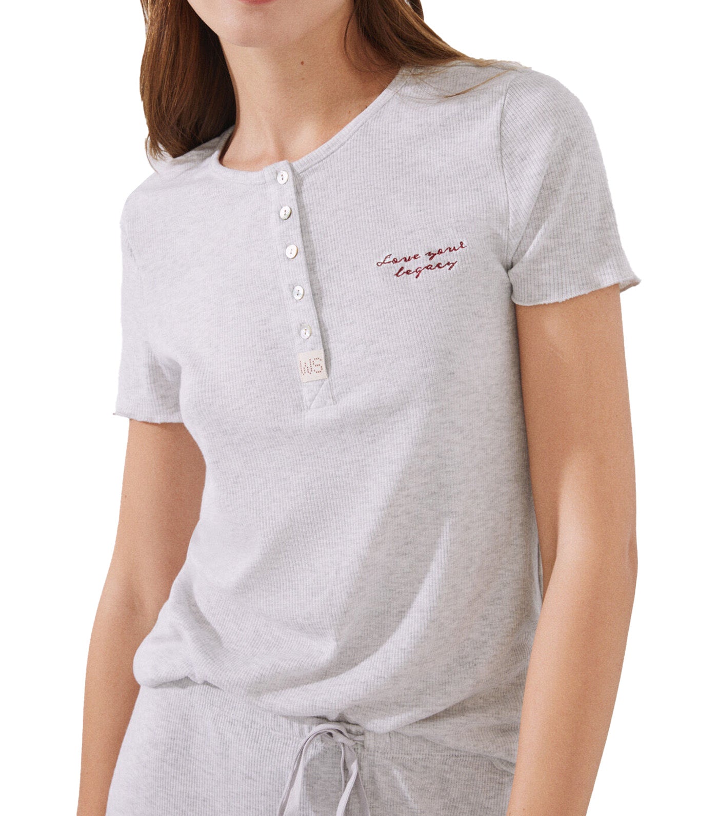 Long Ribbed Pajamas with Short Sleeves Set Gray