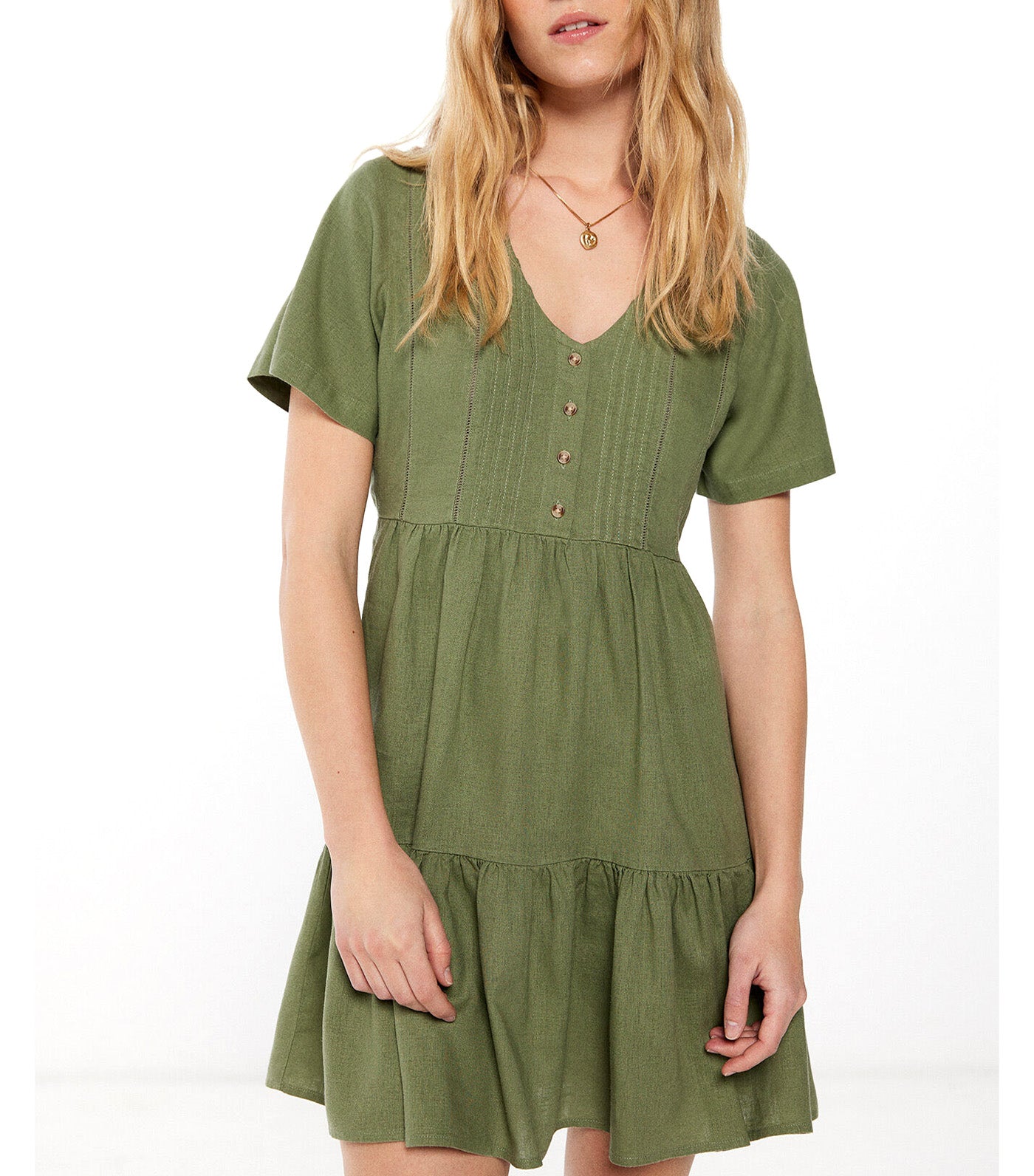 Pintucks Short Linen Dress Green