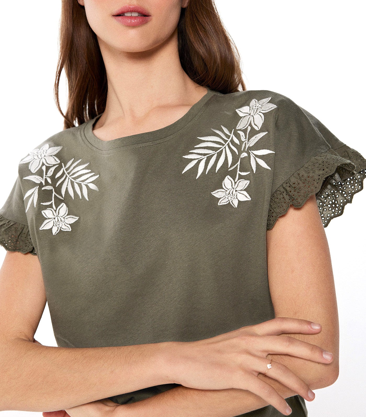 Tropical Flower Embroidery T-Shirt Khaki