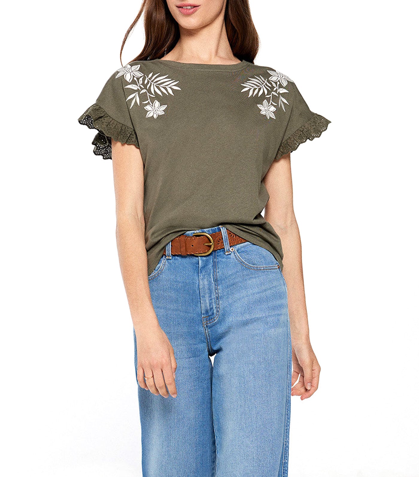 Tropical Flower Embroidery T-Shirt Khaki