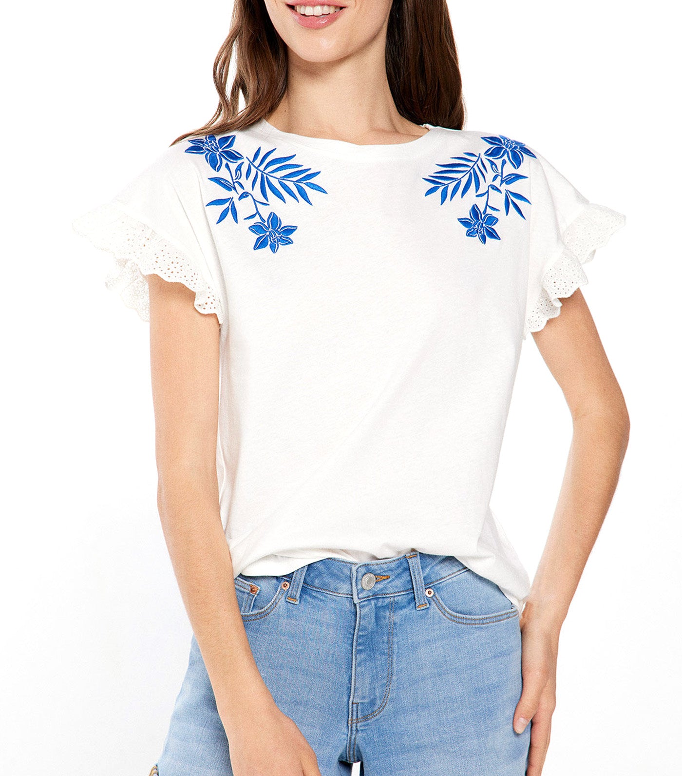 Tropical Flower Embroidery T-Shirt White
