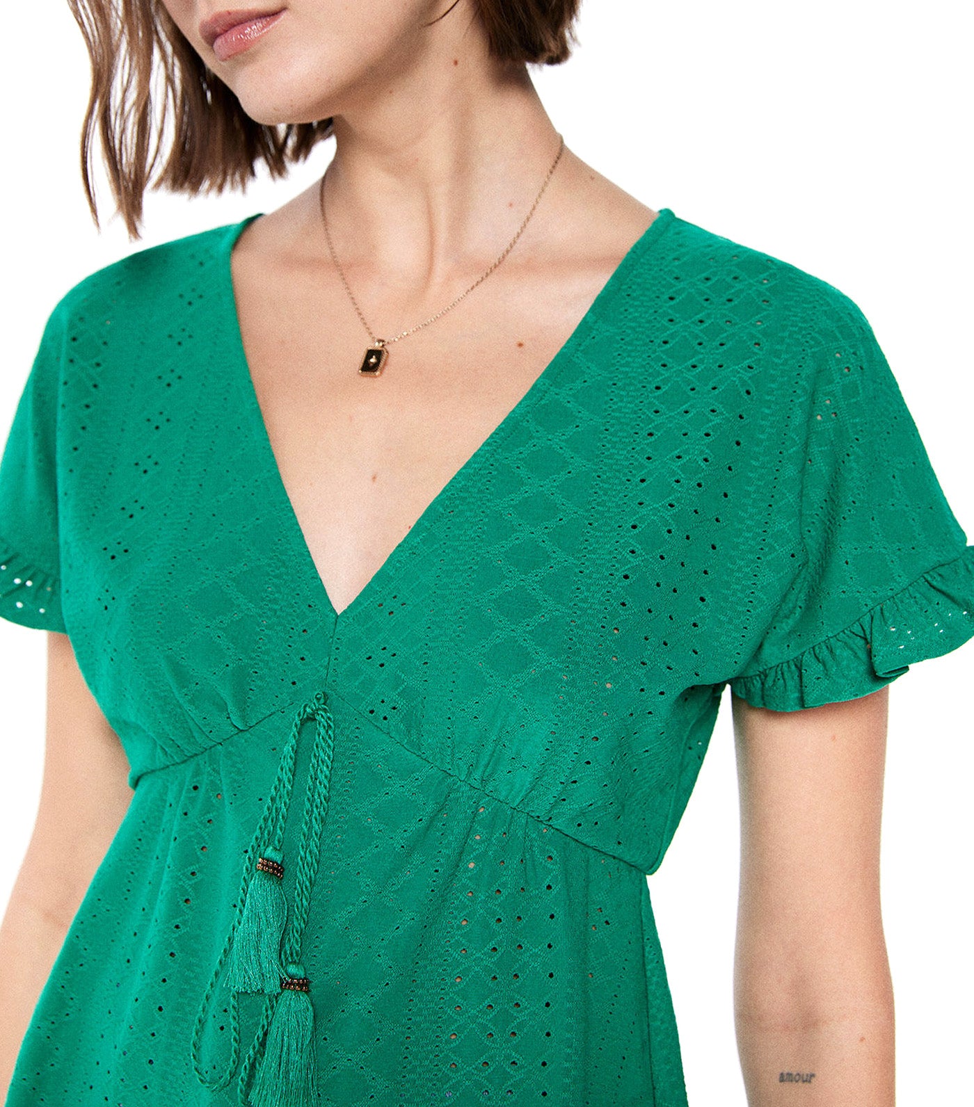 Swiss Embroidery Lace Tassels T-Shirt Green